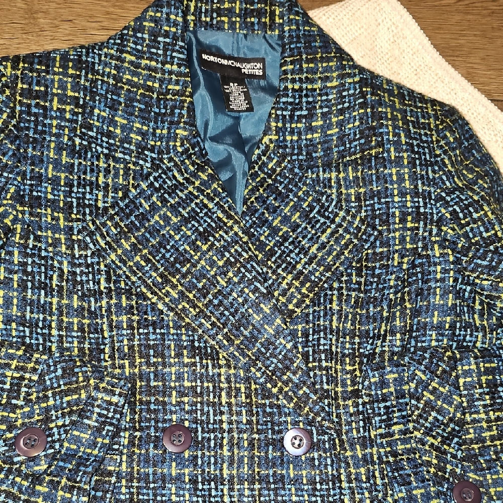 Norton McNaughton Blue Yellow Tweed Jacket Plaid Blazer 80s 8 Petite Vintage